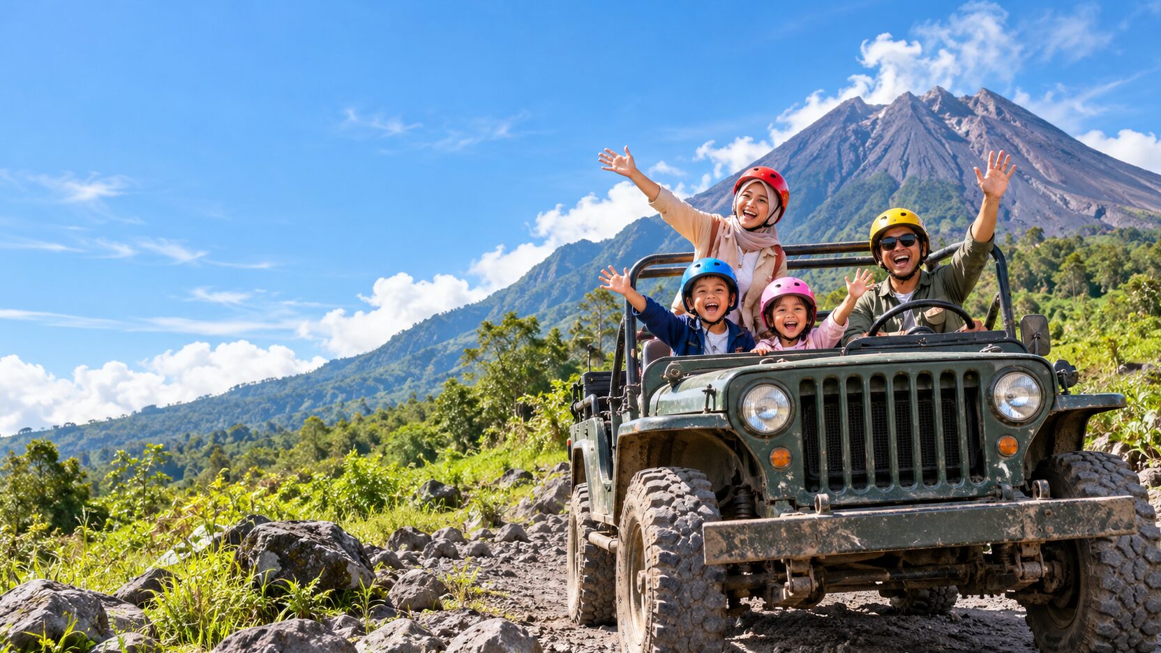 Keluarga berhelm melambai dari jeep dengan Gunung Merapi di belakang, paket wisata Jogja